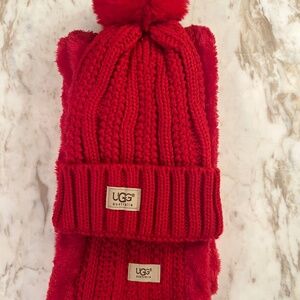 - UGG Winter Red Pom Pom hat & infinity scarf Set NWT